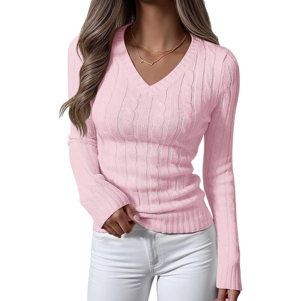 Womens Pink Pull On Cable Knit Long Sleeve V Neck Fitted Casual Work Sweater